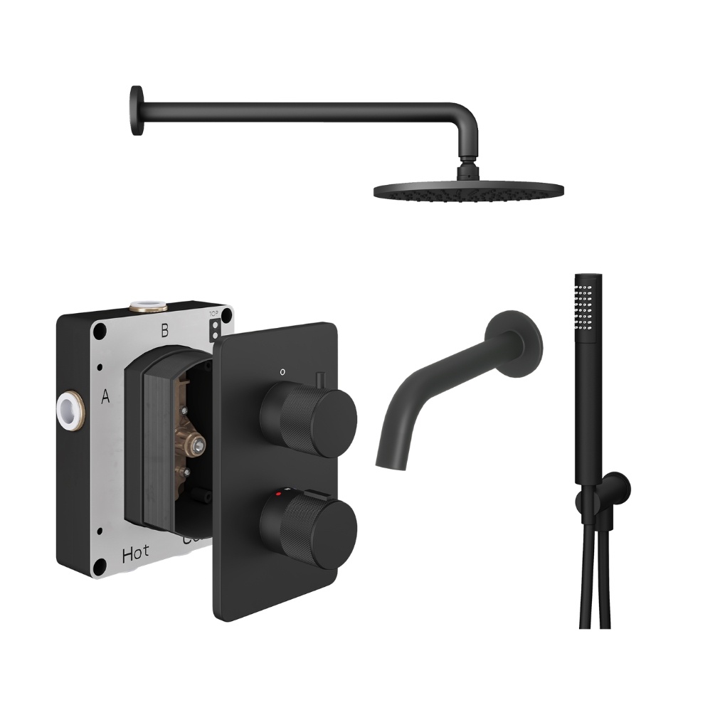 Product Cut out image of the Abacus Iso Pro Matt Black 3 Outlet Shower Pack with Bath Spout & Handset